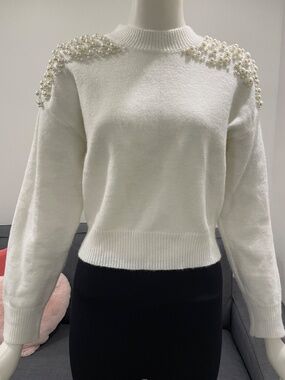 LULUS Cropped Sweater with Pearl Embellished Shoulders Size Small